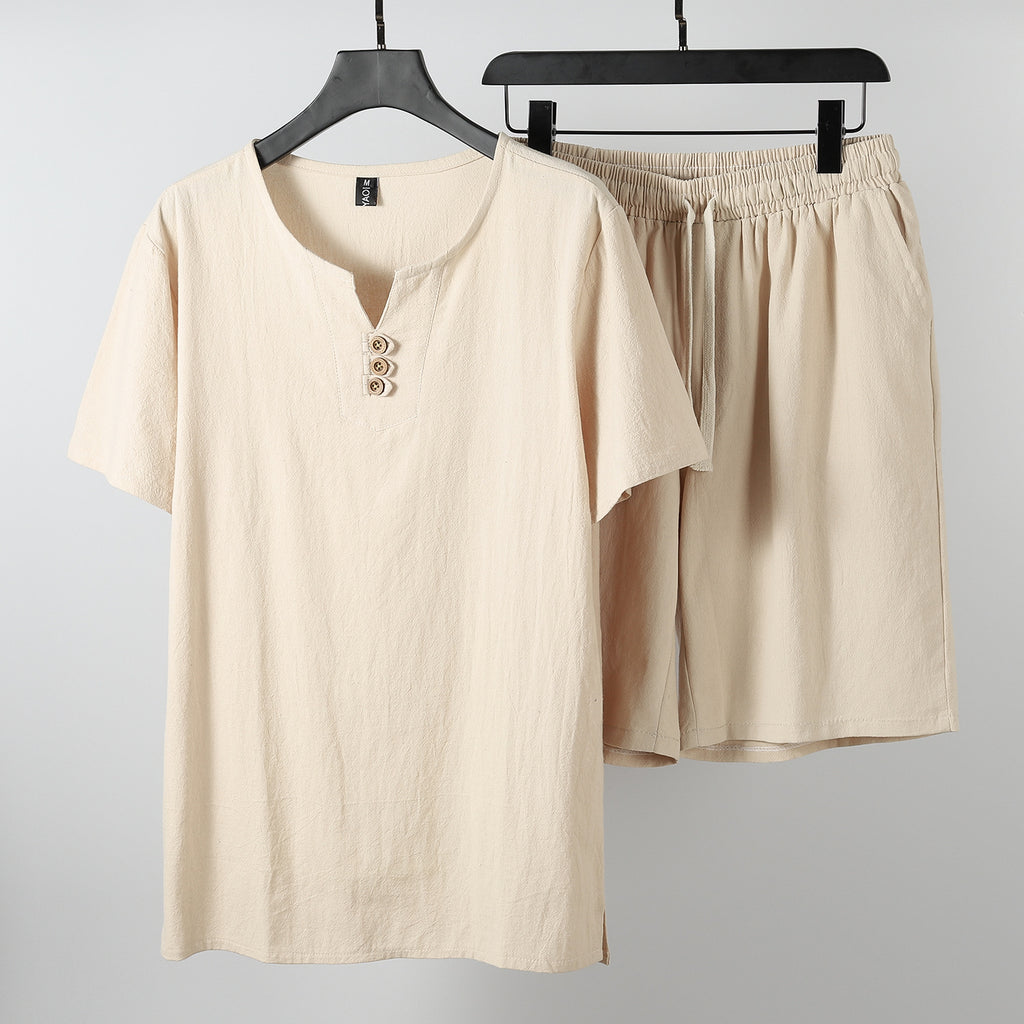 Mens Retro Linen Short-sleeve T-shirt Set